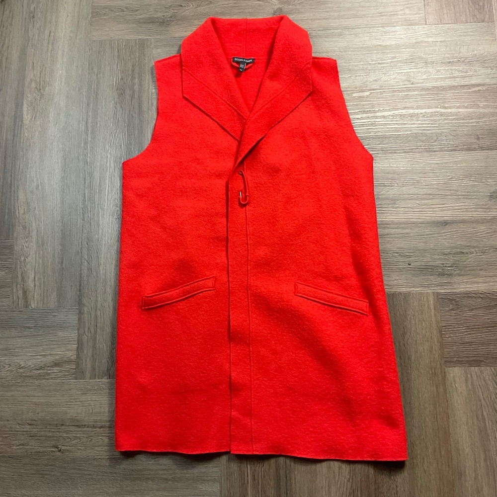 Eileen Fisher 100% Boiled Wool Shawl Collar Long Open Vest Womens Small Red Boho